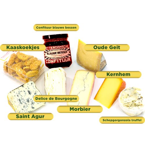 Kaasplank met kaaskoekjes, confituur blauwe bessen, oude geit, kernhem, schepgorgonzola truffel, morbier, saint agur en delice de bourgogne